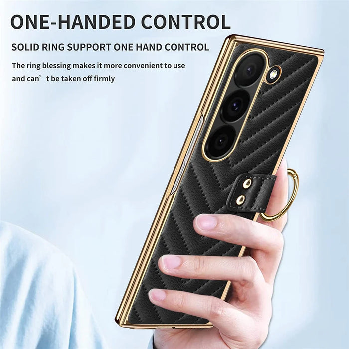 For Samsung Galaxy Z Fold6 5G Case V-Shape Pattern Kickstand PC Phone Cover - Black - 3