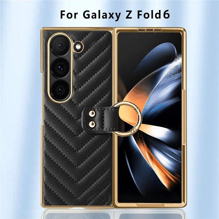 For Samsung Galaxy Z Fold6 5G Case V-Shape Pattern Kickstand PC Phone Cover - Black - 6