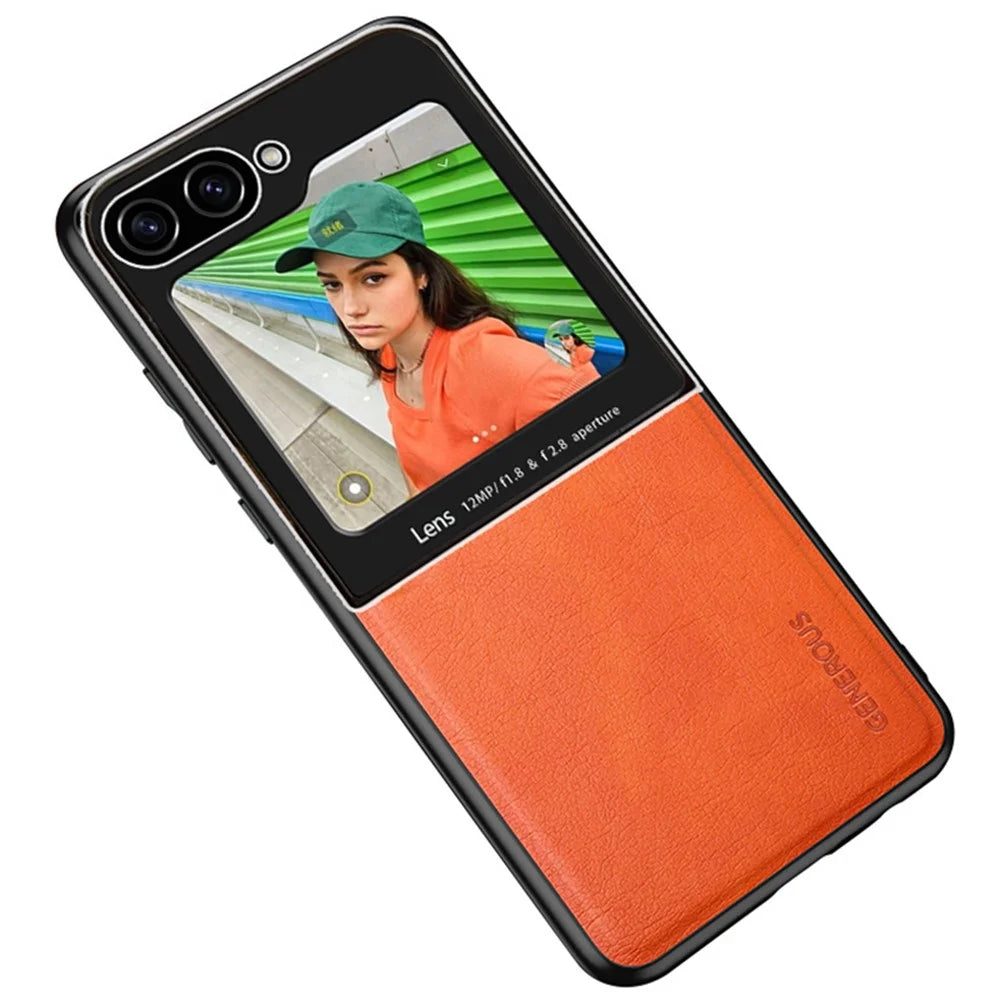 For Samsung Galaxy Z Flip7 FE 5G / Z Flip6 5G Case Leather Back Cover with Rear Small Screen Protector - Orange - 1
