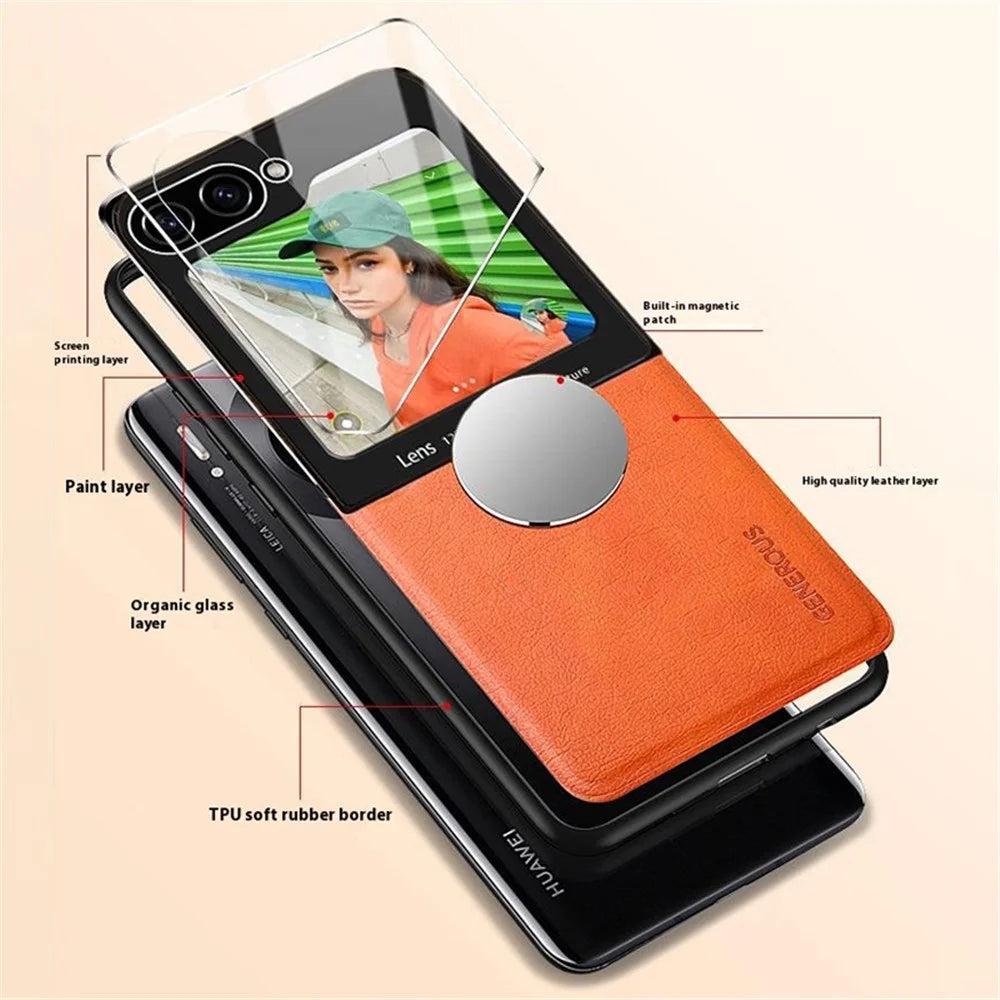 For Samsung Galaxy Z Flip7 FE 5G / Z Flip6 5G Case Leather Back Cover with Rear Small Screen Protector - Orange - 3