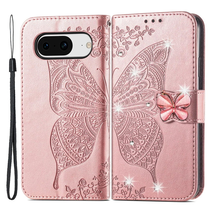 For Google Pixel 8 Case Butterfly Flower Leather Phone Cover 3D Rhinestone Decor - Rose Gold - 1