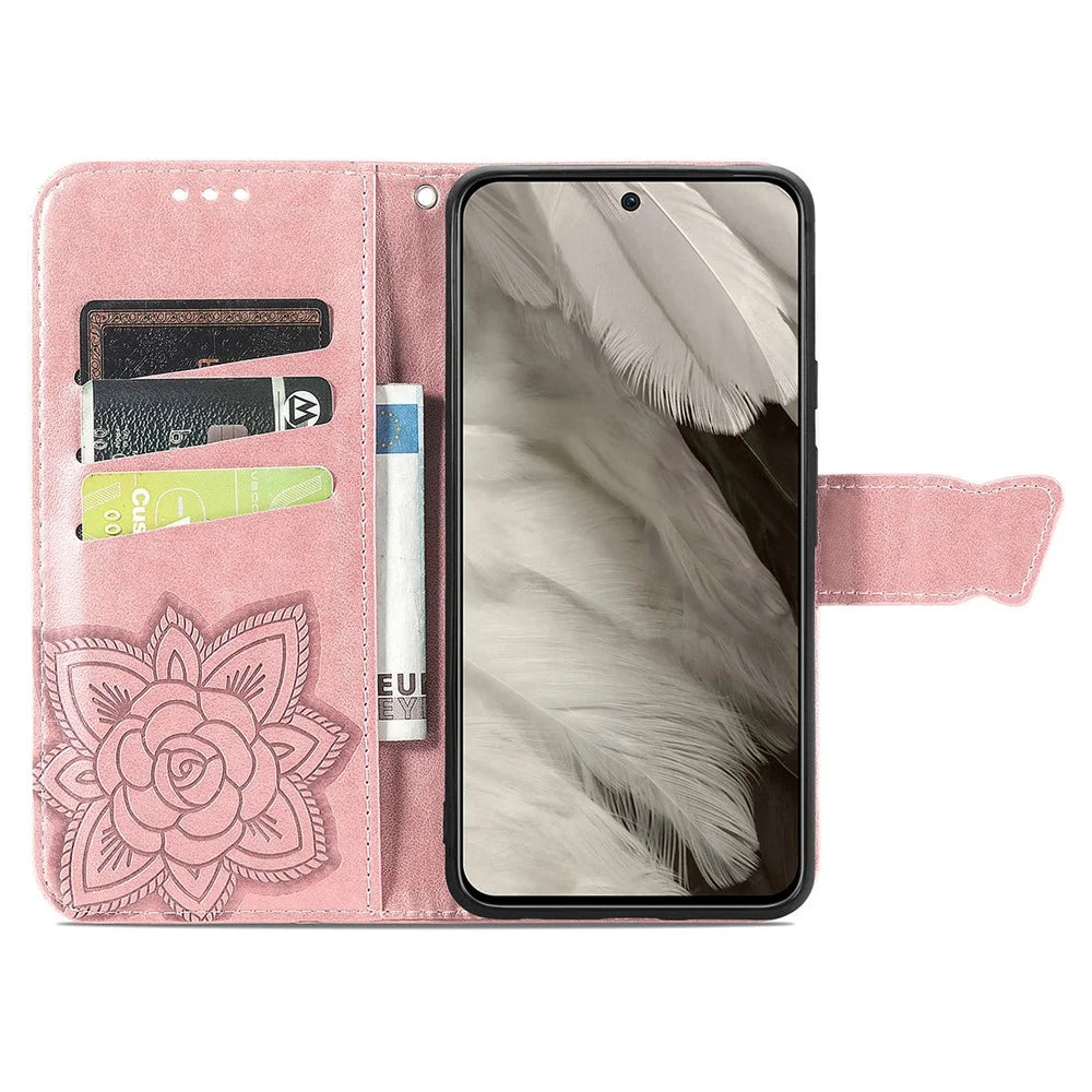 For Google Pixel 8 Case Butterfly Flower Leather Phone Cover 3D Rhinestone Decor - Rose Gold - 2