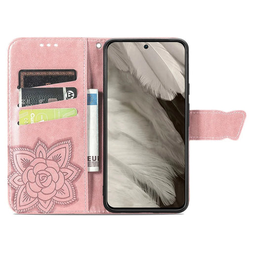 For Google Pixel 8 Case Butterfly Flower Leather Phone Cover 3D Rhinestone Decor - Rose Gold - 2