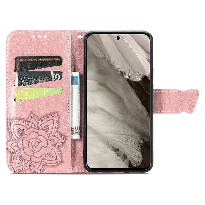 For Google Pixel 8 Case Butterfly Flower Leather Phone Cover 3D Rhinestone Decor - Rose Gold - 2