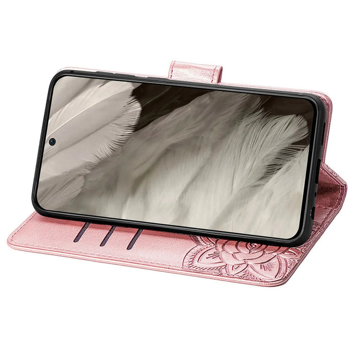 For Google Pixel 8 Case Butterfly Flower Leather Phone Cover 3D Rhinestone Decor - Rose Gold - 3