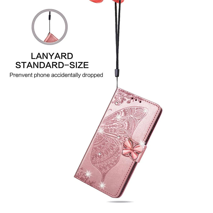 For Google Pixel 8 Case Butterfly Flower Leather Phone Cover 3D Rhinestone Decor - Rose Gold - 4