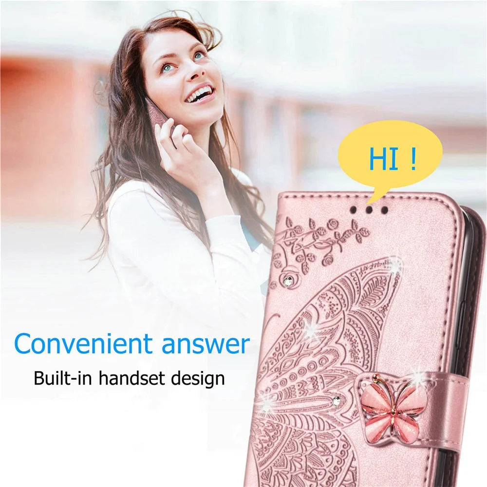 For Google Pixel 8 Case Butterfly Flower Leather Phone Cover 3D Rhinestone Decor - Rose Gold - 5