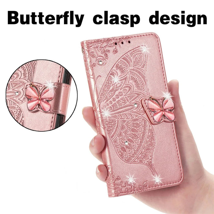 For Google Pixel 8 Case Butterfly Flower Leather Phone Cover 3D Rhinestone Decor - Rose Gold - 6