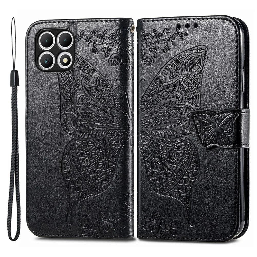 For T-Mobile REVVL 7 Case Butterfly Flower Leather Phone Cover Stand Credit Card Holder - Black - 1