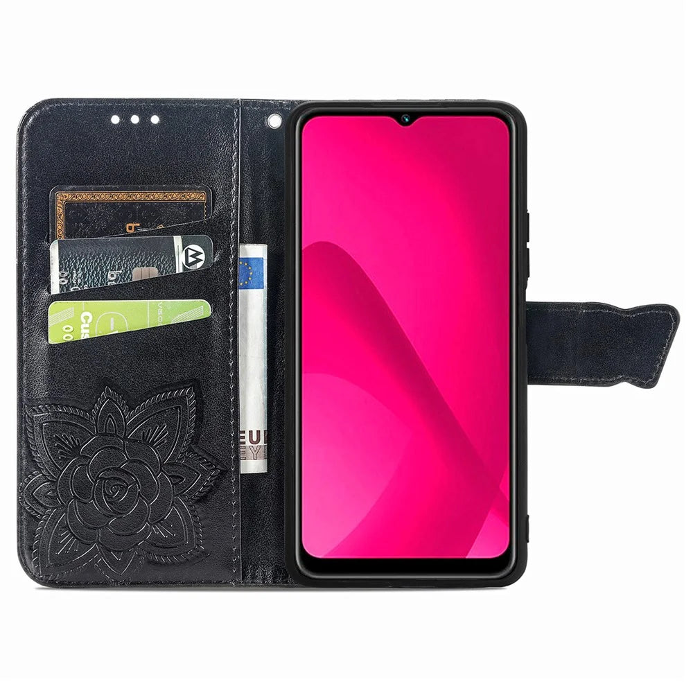 For T-Mobile REVVL 7 Case Butterfly Flower Leather Phone Cover Stand Credit Card Holder - Black - 2