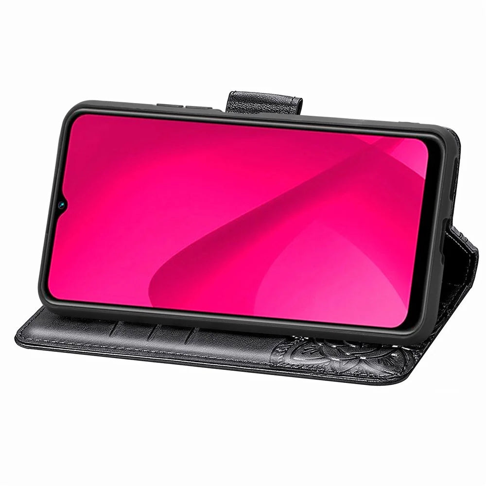 For T-Mobile REVVL 7 Case Butterfly Flower Leather Phone Cover Stand Credit Card Holder - Black - 3