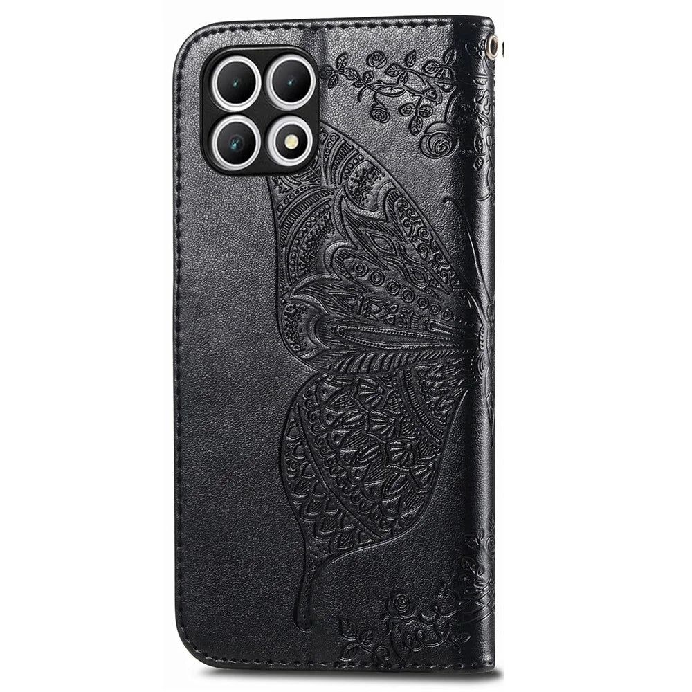 For T-Mobile REVVL 7 Case Butterfly Flower Leather Phone Cover Stand Credit Card Holder - Black - 5