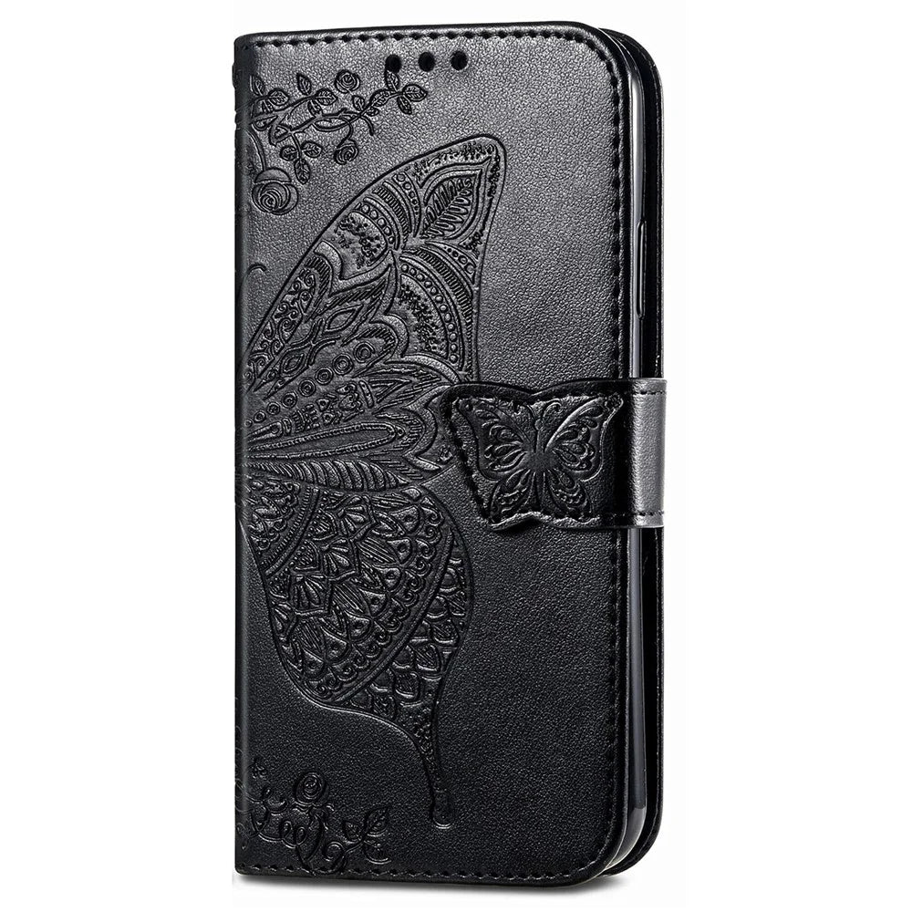 For T-Mobile REVVL 7 Case Butterfly Flower Leather Phone Cover Stand Credit Card Holder - Black - 6