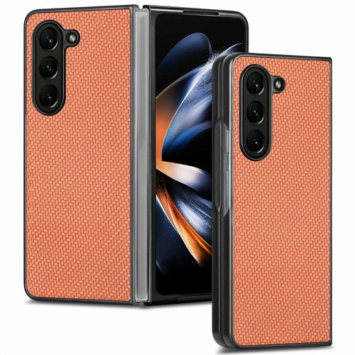 For Samsung Galaxy Z Fold6 5G Case Carbon Fiber Texture Leather Back Cover Anti-Slip - Brown - 1
