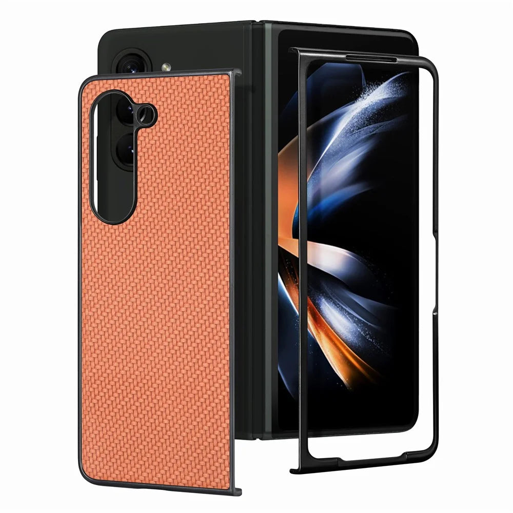 For Samsung Galaxy Z Fold6 5G Case Carbon Fiber Texture Leather Back Cover Anti-Slip - Brown - 2