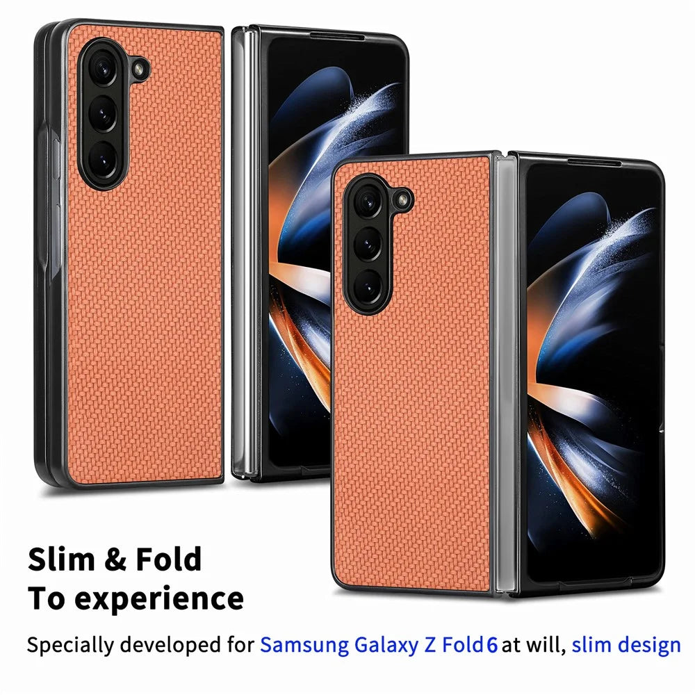 For Samsung Galaxy Z Fold6 5G Case Carbon Fiber Texture Leather Back Cover Anti-Slip - Brown - 5