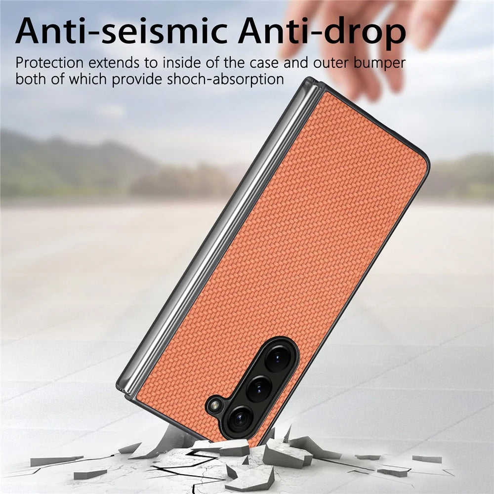 For Samsung Galaxy Z Fold6 5G Case Carbon Fiber Texture Leather Back Cover Anti-Slip - Brown - 7
