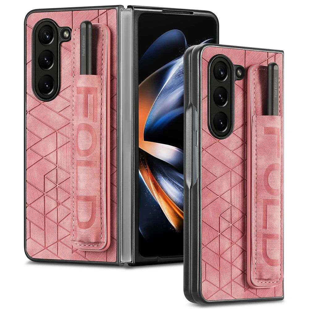 For Samsung Galaxy Z Fold6 5G Case Wrist Band Leather+PC Cover with Pen Slot - Pink - 1