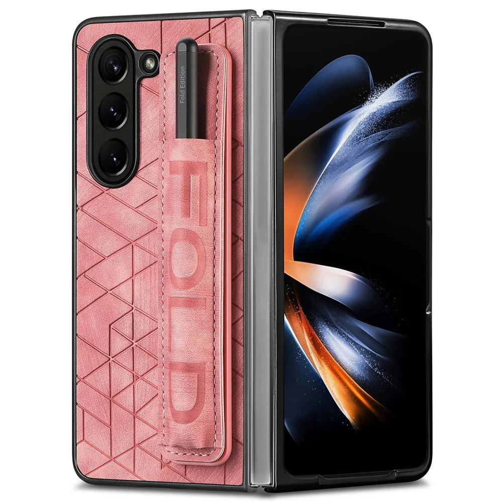 For Samsung Galaxy Z Fold6 5G Case Wrist Band Leather+PC Cover with Pen Slot - Pink - 2