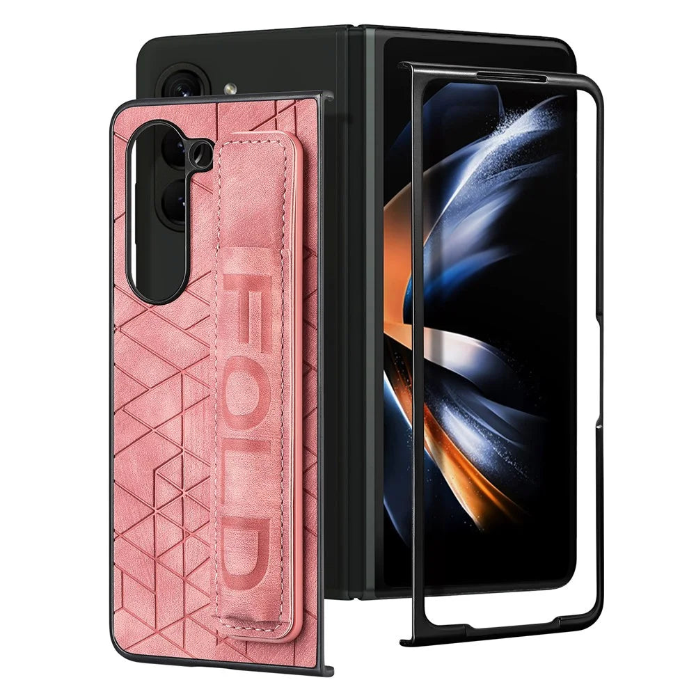 For Samsung Galaxy Z Fold6 5G Case Wrist Band Leather+PC Cover with Pen Slot - Pink - 3