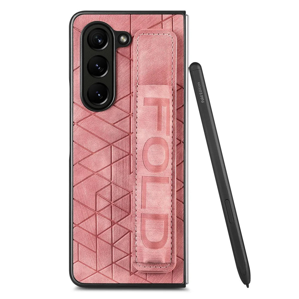 For Samsung Galaxy Z Fold6 5G Case Wrist Band Leather+PC Cover with Pen Slot - Pink - 4