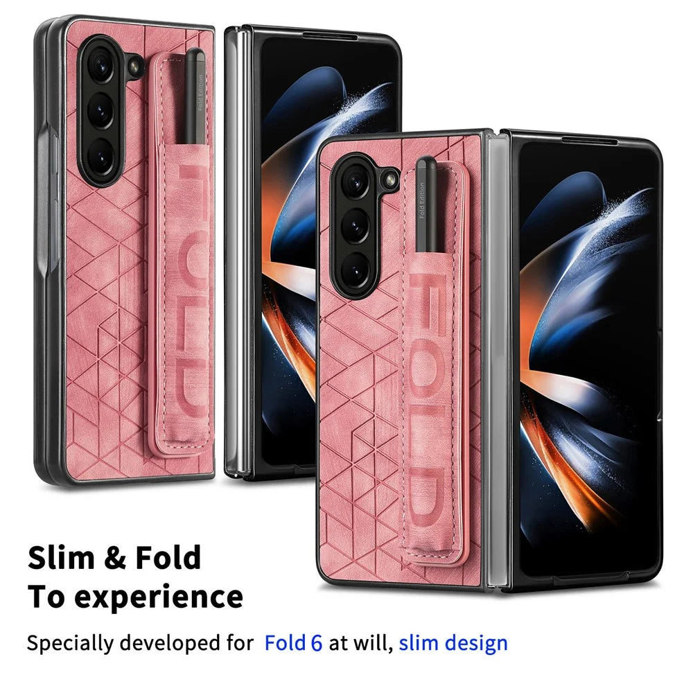 For Samsung Galaxy Z Fold6 5G Case Wrist Band Leather+PC Cover with Pen Slot - Pink - 5