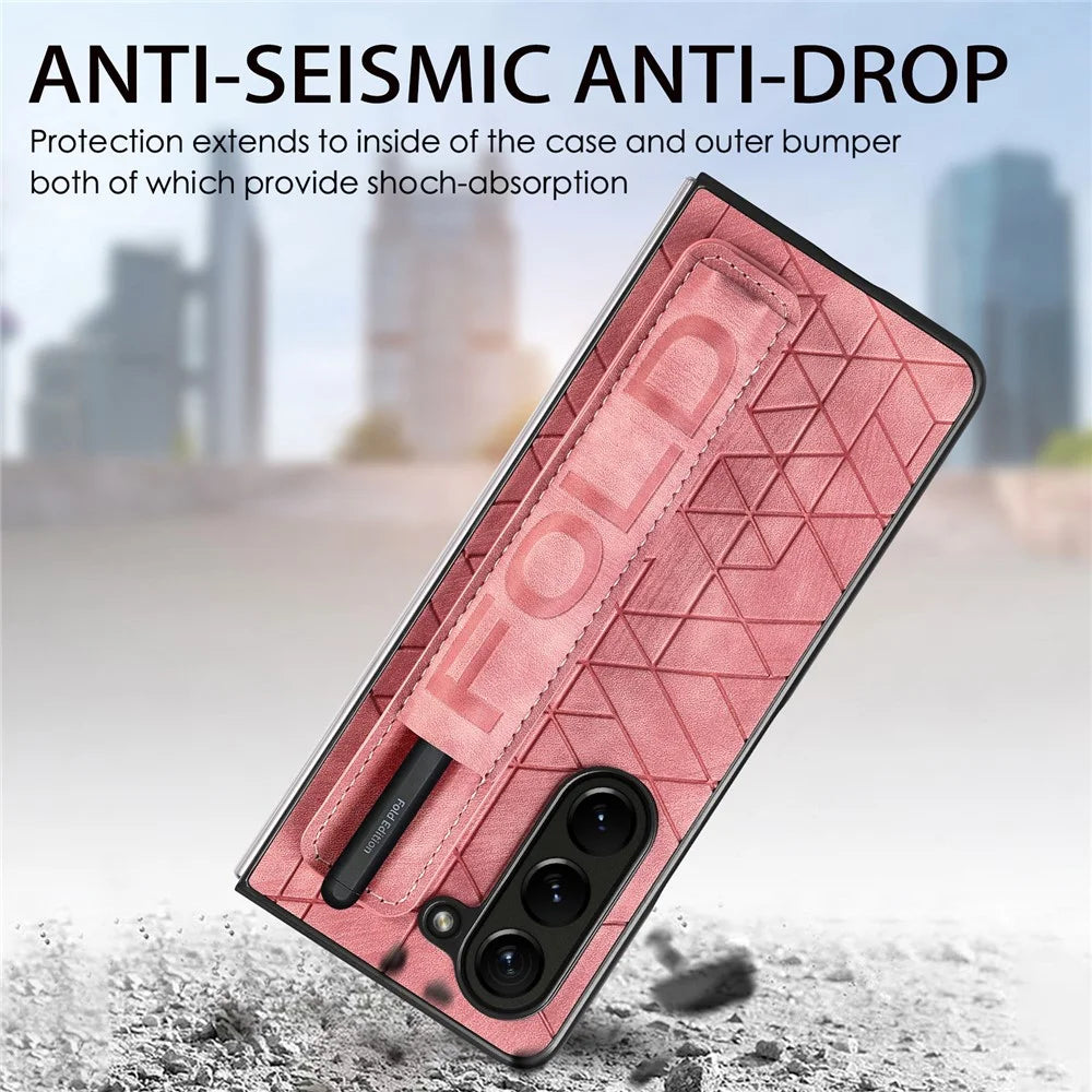 For Samsung Galaxy Z Fold6 5G Case Wrist Band Leather+PC Cover with Pen Slot - Pink - 7