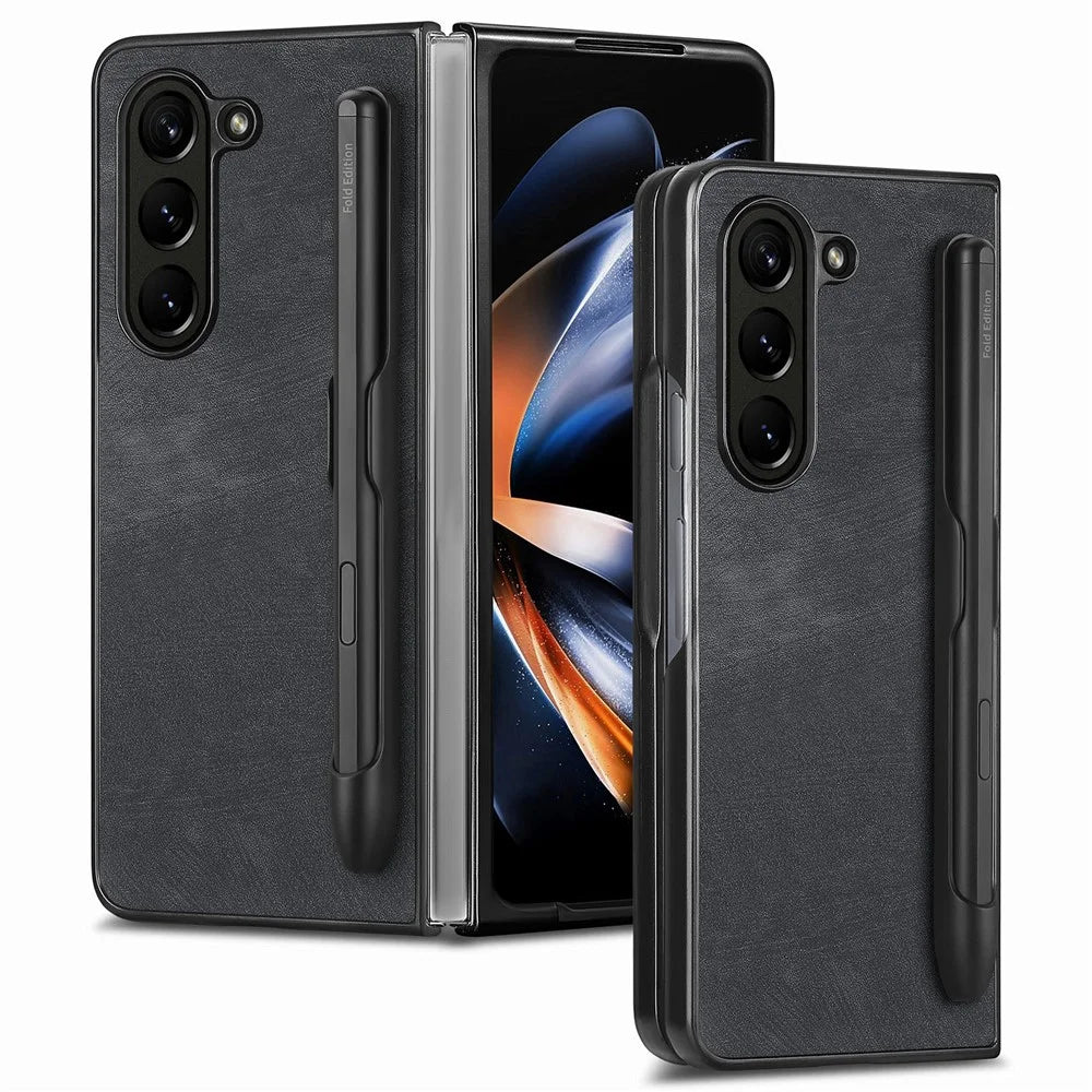 For Samsung Galaxy Z Fold6 5G Case Retro PU Leather+PC Cover with Pen Slot - Black - 1