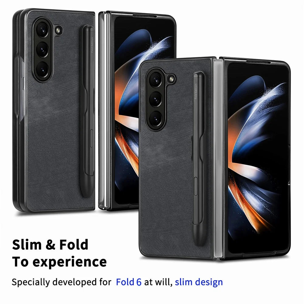 For Samsung Galaxy Z Fold6 5G Case Retro PU Leather+PC Cover with Pen Slot - Black - 5