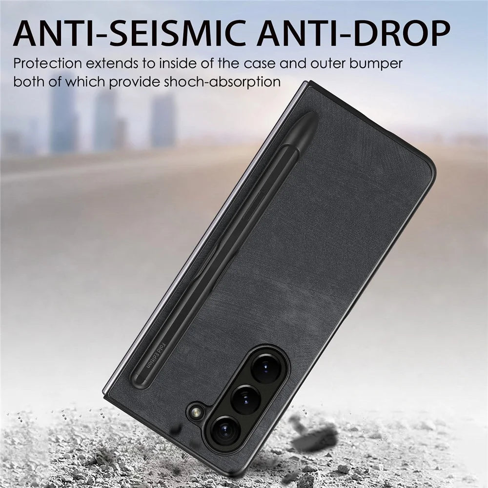 For Samsung Galaxy Z Fold6 5G Case Retro PU Leather+PC Cover with Pen Slot - Black - 6