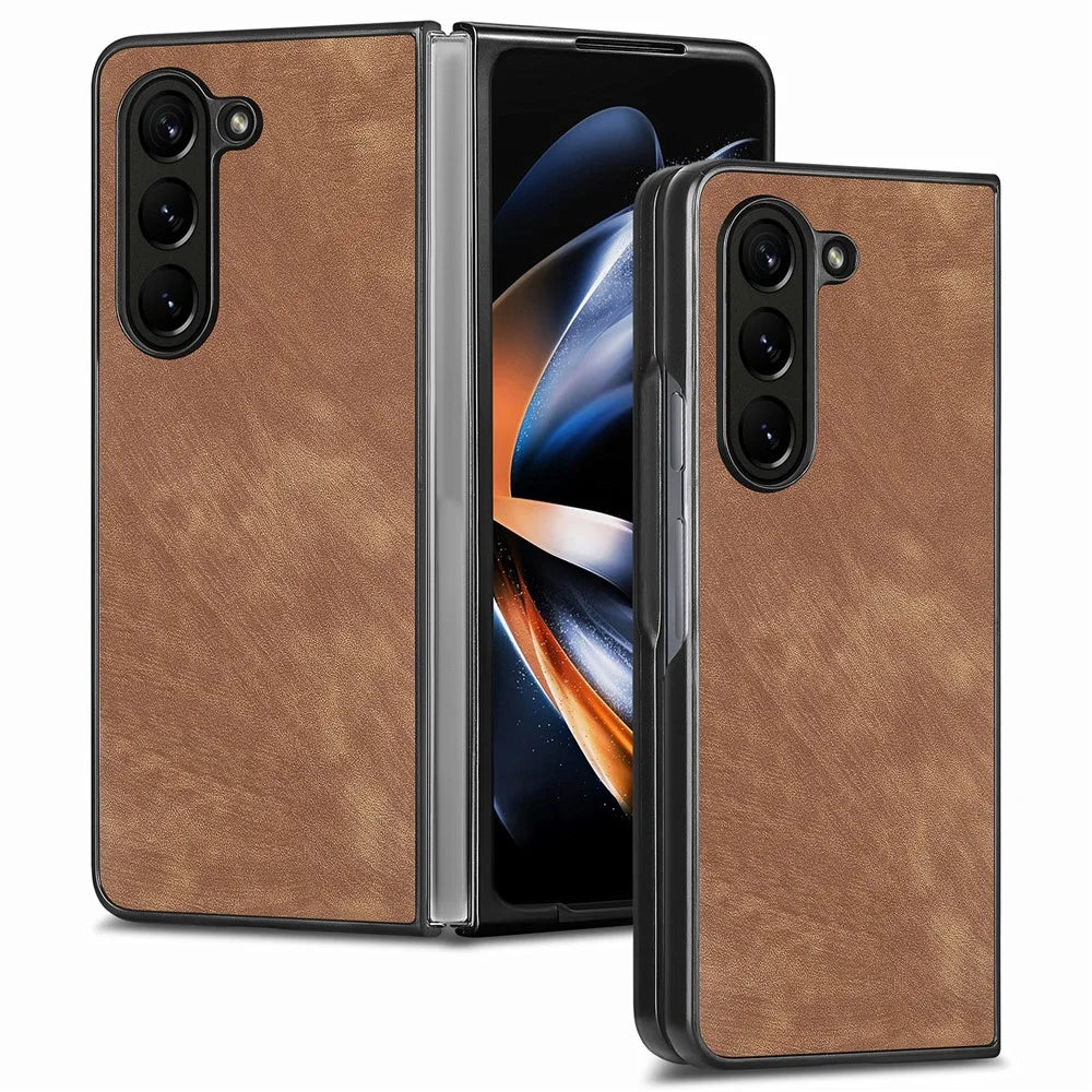 For Samsung Galaxy Z Fold6 5G Case Retro PU Leather Coated PC Folding Phone Cover - Brown - 1