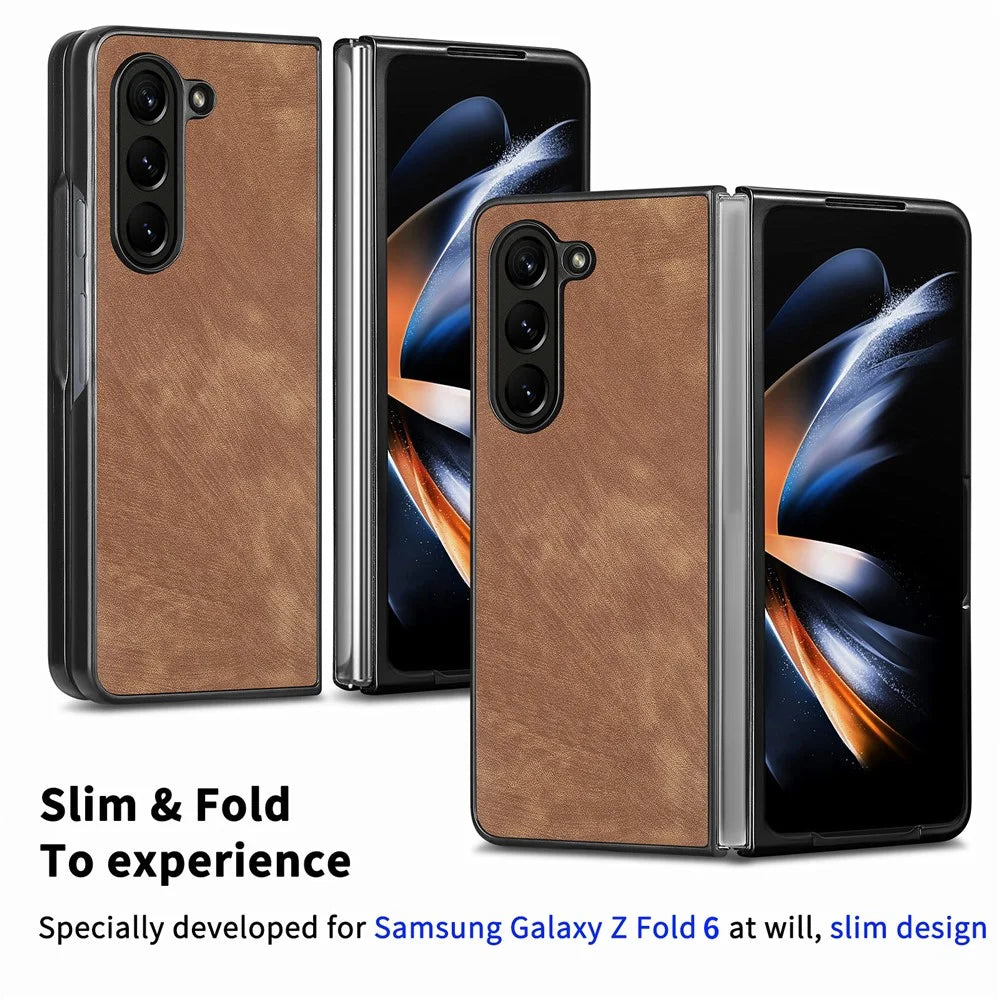 For Samsung Galaxy Z Fold6 5G Case Retro PU Leather Coated PC Folding Phone Cover - Brown - 5