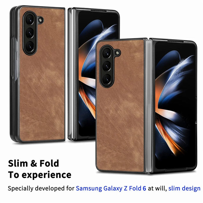 For Samsung Galaxy Z Fold6 5G Case Retro PU Leather Coated PC Folding Phone Cover - Brown - 5