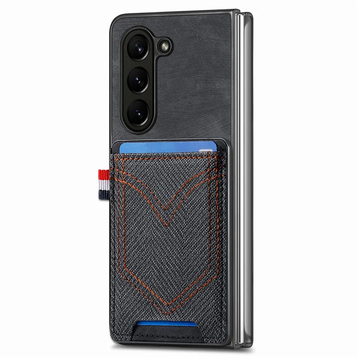 For Samsung Galaxy Z Fold6 5G Case Leather+PC Phone Cover with Denim Texture Card Holder - Black - 2