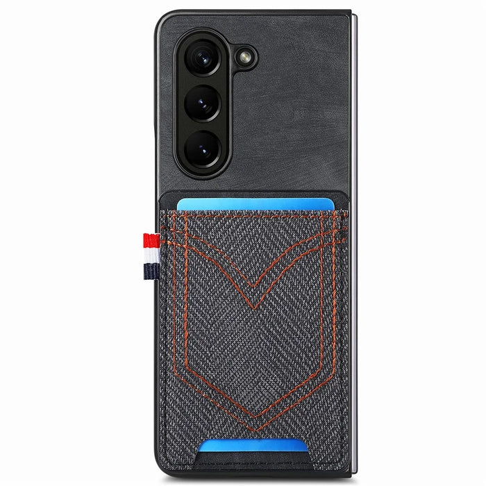 For Samsung Galaxy Z Fold6 5G Case Leather+PC Phone Cover with Denim Texture Card Holder - Black - 3
