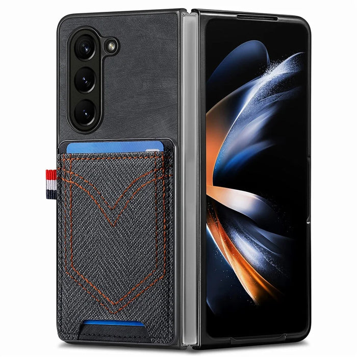 For Samsung Galaxy Z Fold6 5G Case Leather+PC Phone Cover with Denim Texture Card Holder - Black - 4