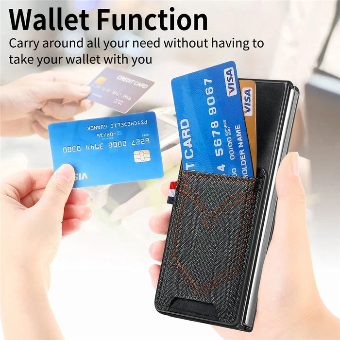 For Samsung Galaxy Z Fold6 5G Case Leather+PC Phone Cover with Denim Texture Card Holder - Black - 5