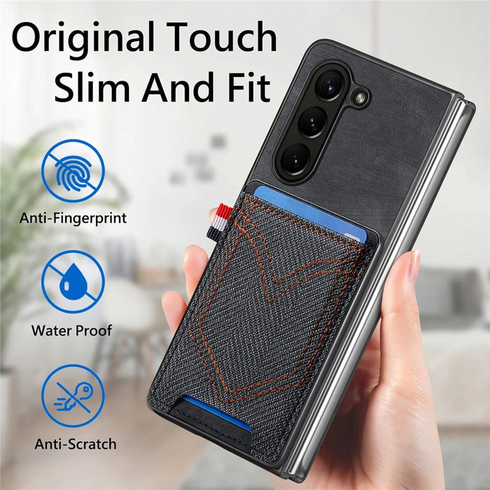 For Samsung Galaxy Z Fold6 5G Case Leather+PC Phone Cover with Denim Texture Card Holder - Black - 7