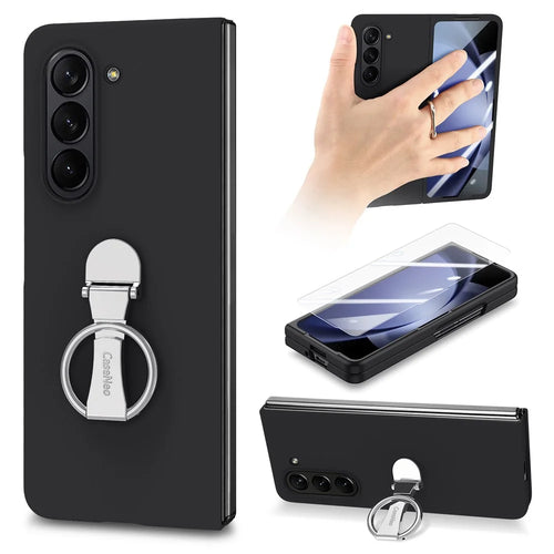 For Samsung Galaxy Z Fold6 5G Case Ring Holder PC Phone Cover with Tempered Glass Film - Black - 1