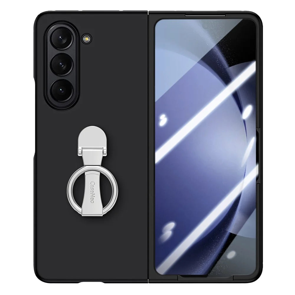 For Samsung Galaxy Z Fold6 5G Case Ring Holder PC Phone Cover with Tempered Glass Film - Black - 3