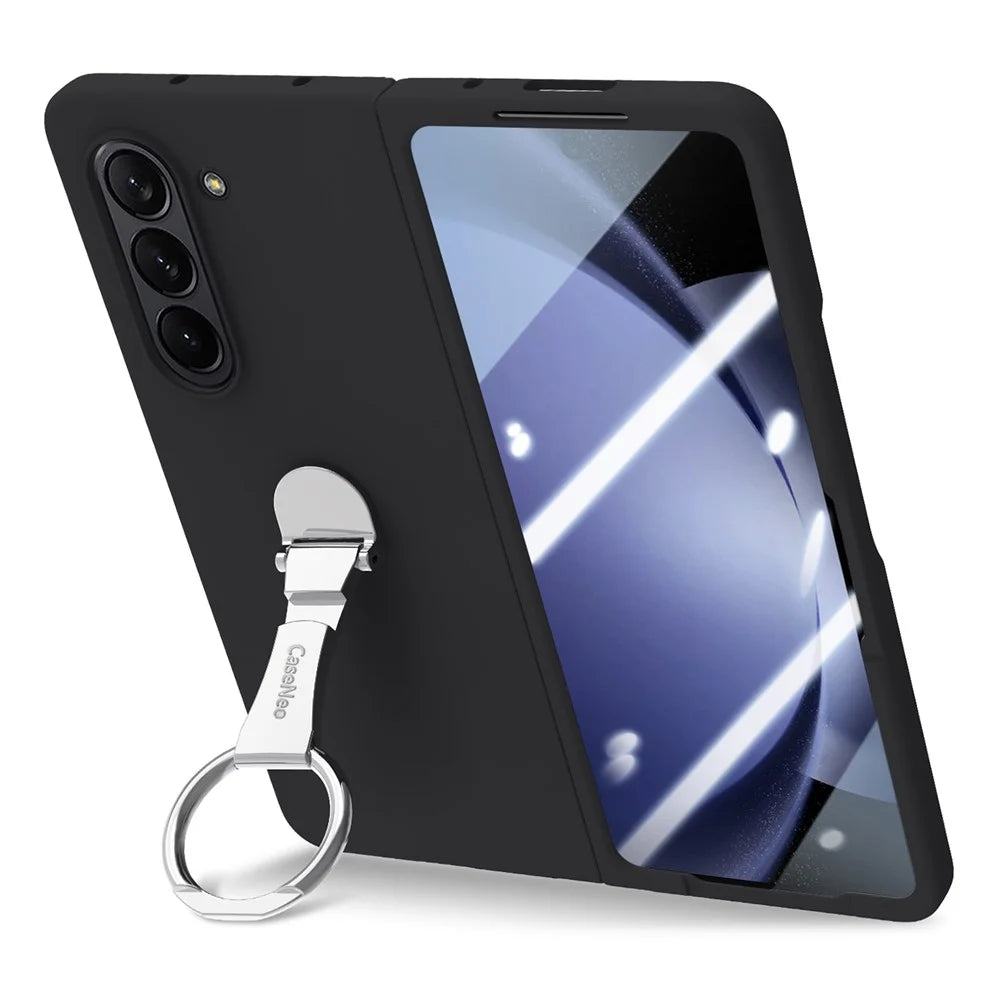 For Samsung Galaxy Z Fold6 5G Case Ring Holder PC Phone Cover with Tempered Glass Film - Black - 4