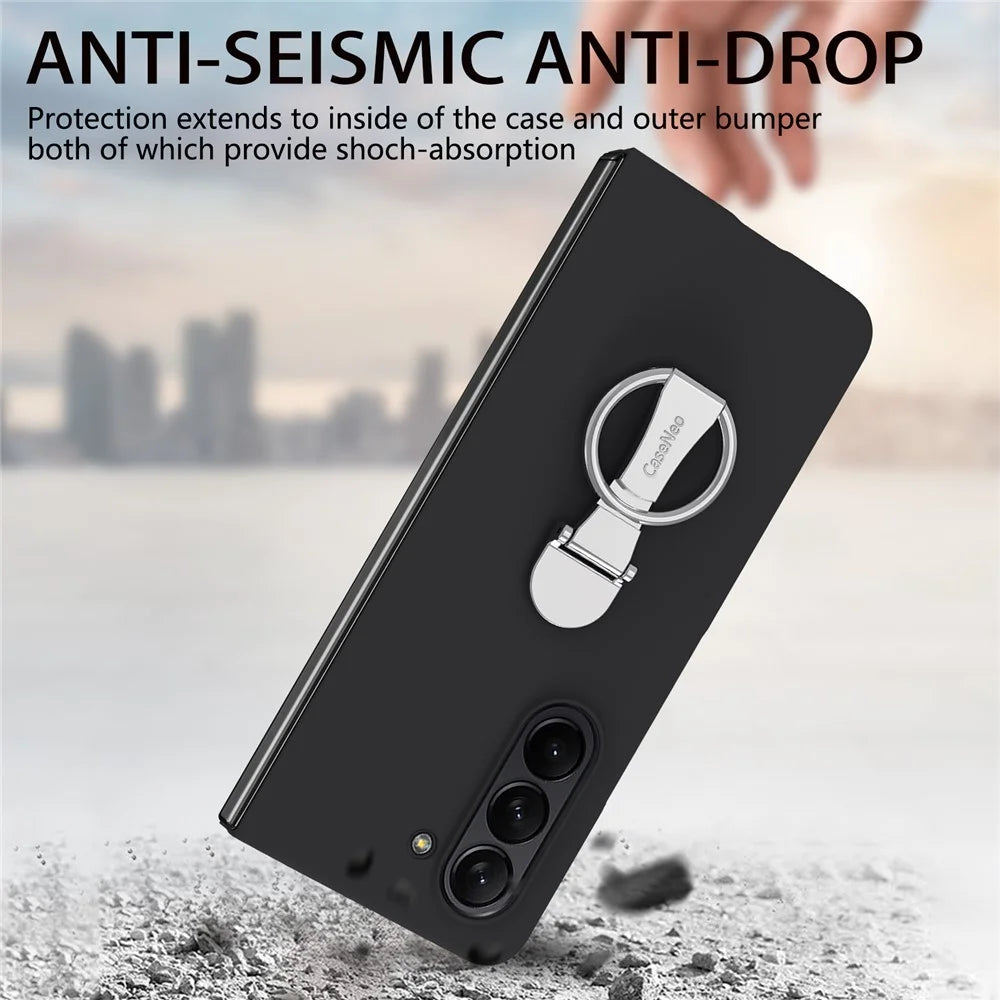 For Samsung Galaxy Z Fold6 5G Case Ring Holder PC Phone Cover with Tempered Glass Film - Black - 5