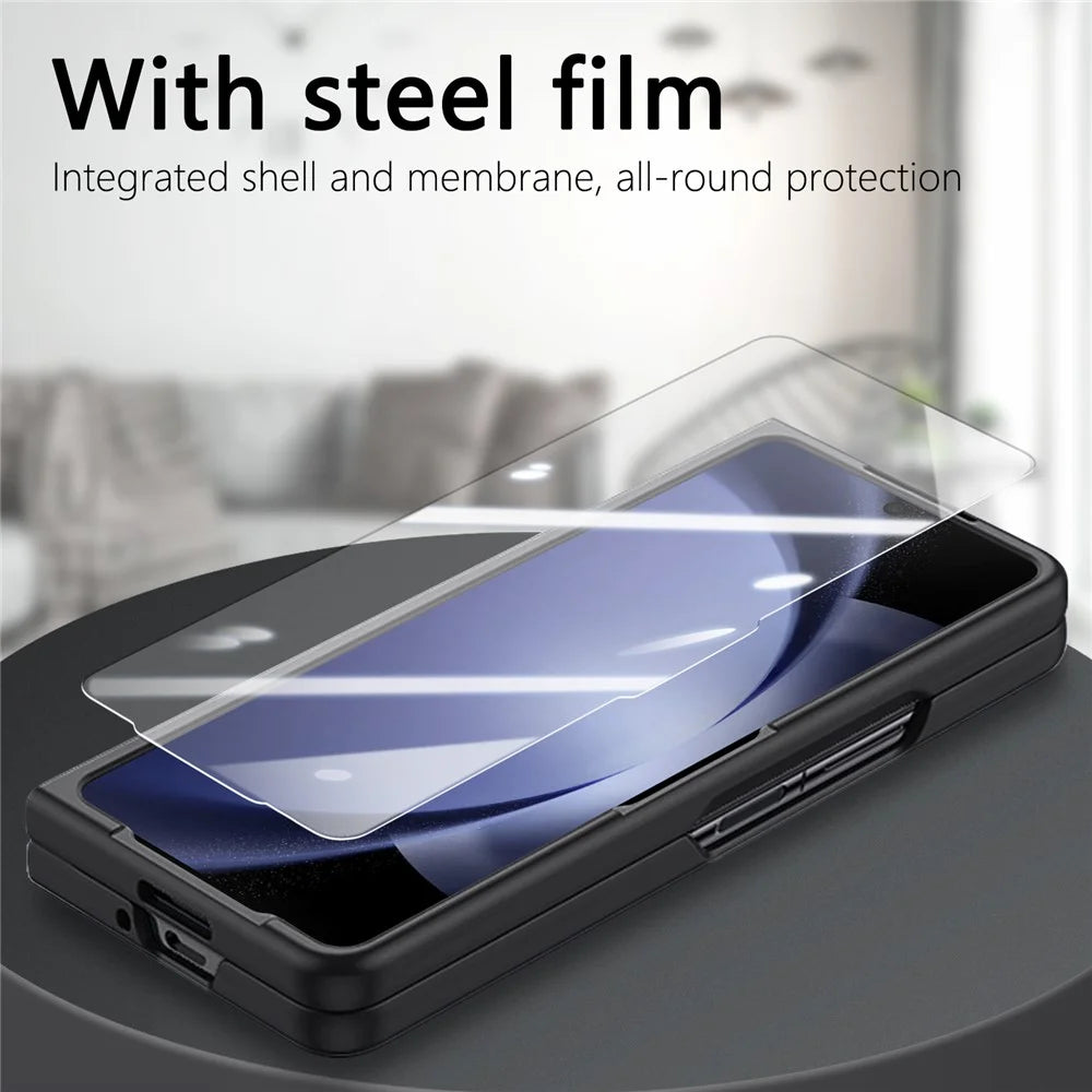 For Samsung Galaxy Z Fold6 5G Case Ring Holder PC Phone Cover with Tempered Glass Film - Black - 6