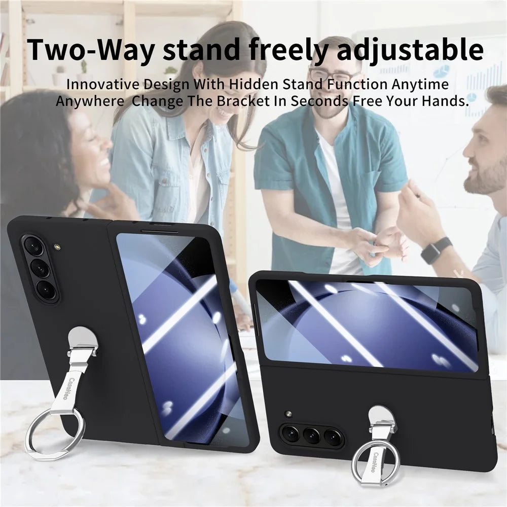 For Samsung Galaxy Z Fold6 5G Case Ring Holder PC Phone Cover with Tempered Glass Film - Black - 7