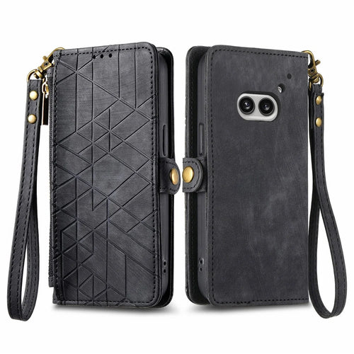 For Nothing Phone (2a) Plus / Phone (2a) Zipper Wallet Case Geometry Lines Leather Phone Cover with Strap - Black - 1