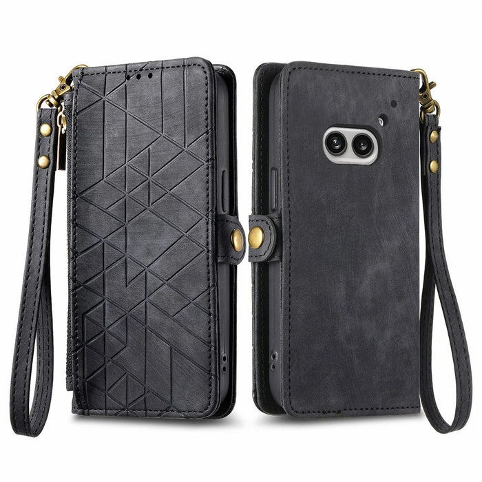 For Nothing Phone (2a) Plus / Phone (2a) Zipper Wallet Case Geometry Lines Leather Phone Cover with Strap - Black - 1