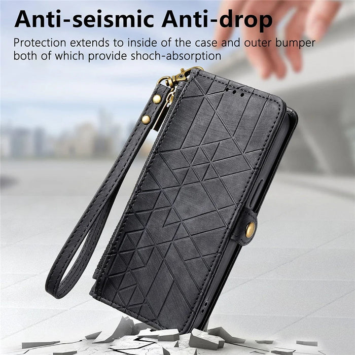 For Nothing Phone (2a) Plus / Phone (2a) Zipper Wallet Case Geometry Lines Leather Phone Cover with Strap - Black - 6