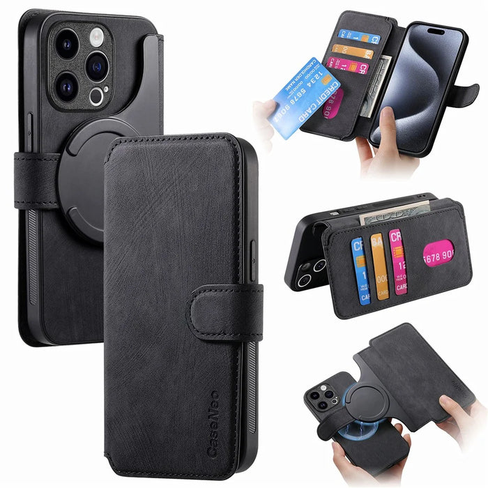 For iPhone 15 Pro Magnetic Case CASENEO Detachable Leather Phone Wallet Cover - Black - 1