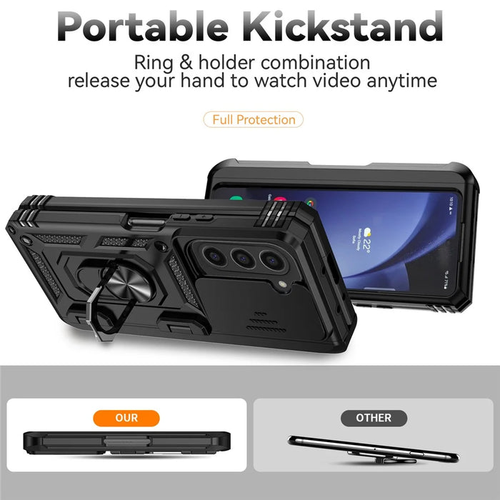 For Samsung Galaxy Z Fold6 5G Case Camera Protection PC+TPU Phone Cover Finger Ring Holder Kickstand - Black - 2
