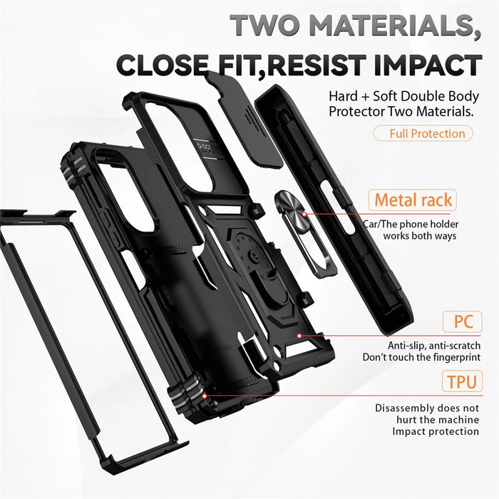 For Samsung Galaxy Z Fold6 5G Case Camera Protection PC+TPU Phone Cover Finger Ring Holder Kickstand - Black - 4